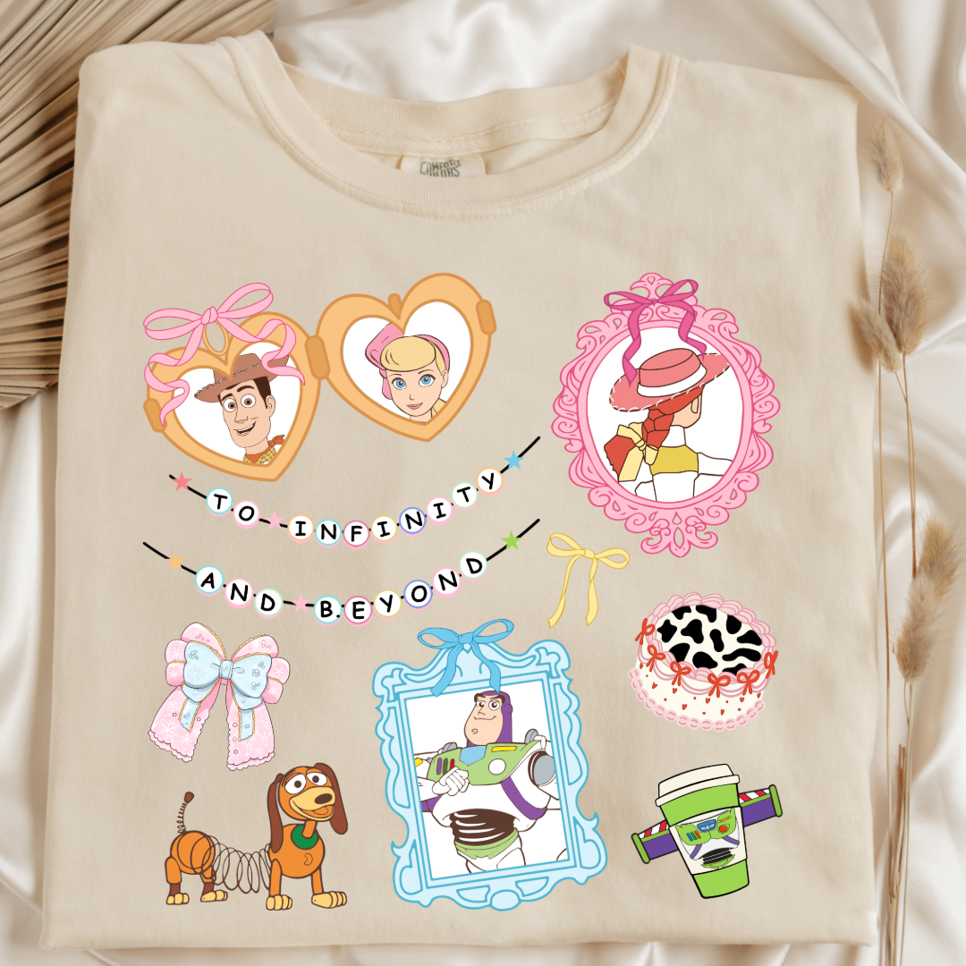 Customized Adult Ivory Flat lay Comfort Colors Graphic Tee Coquette Toy Story coquette graphics.