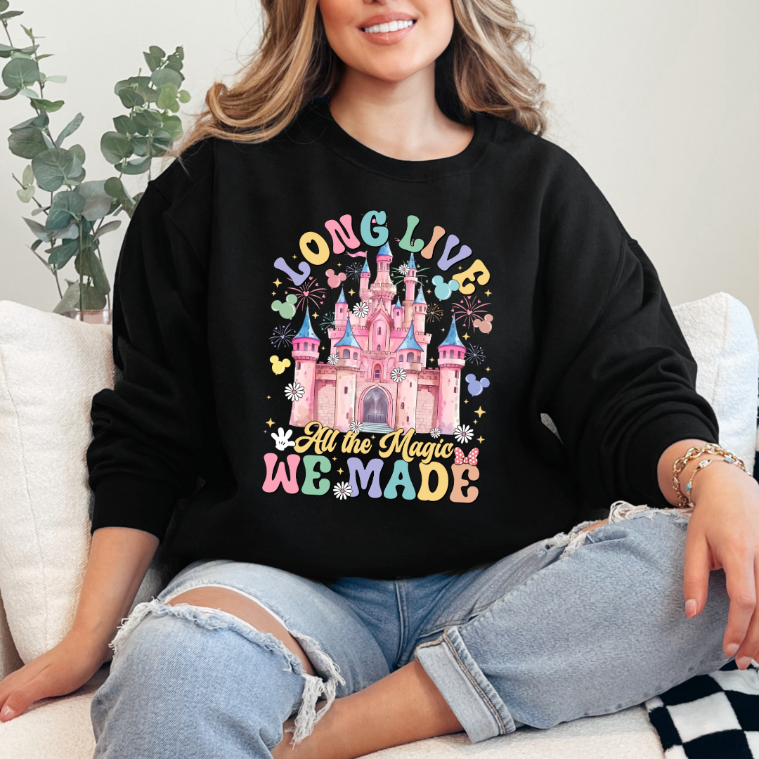 Customized Adult Black crewneck with long live multi color long live bubble letters large castle in the middle with Mickey Mouse shaped balloons and flowers surrounding. Matching t-shirts and hoodies available in youth and adult sizes