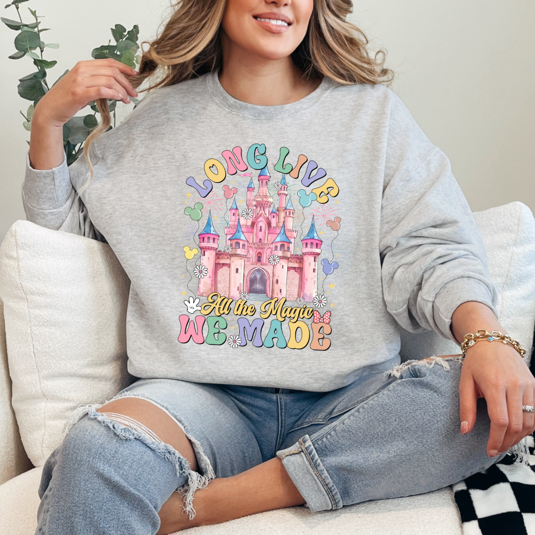 Customized Adult Grey crewneck with long live multi color long live bubble letters large castle in the middle with Mickey Mouse shaped balloons and flowers surrounding. Matching t-shirts and hoodies available in youth and adult sizes