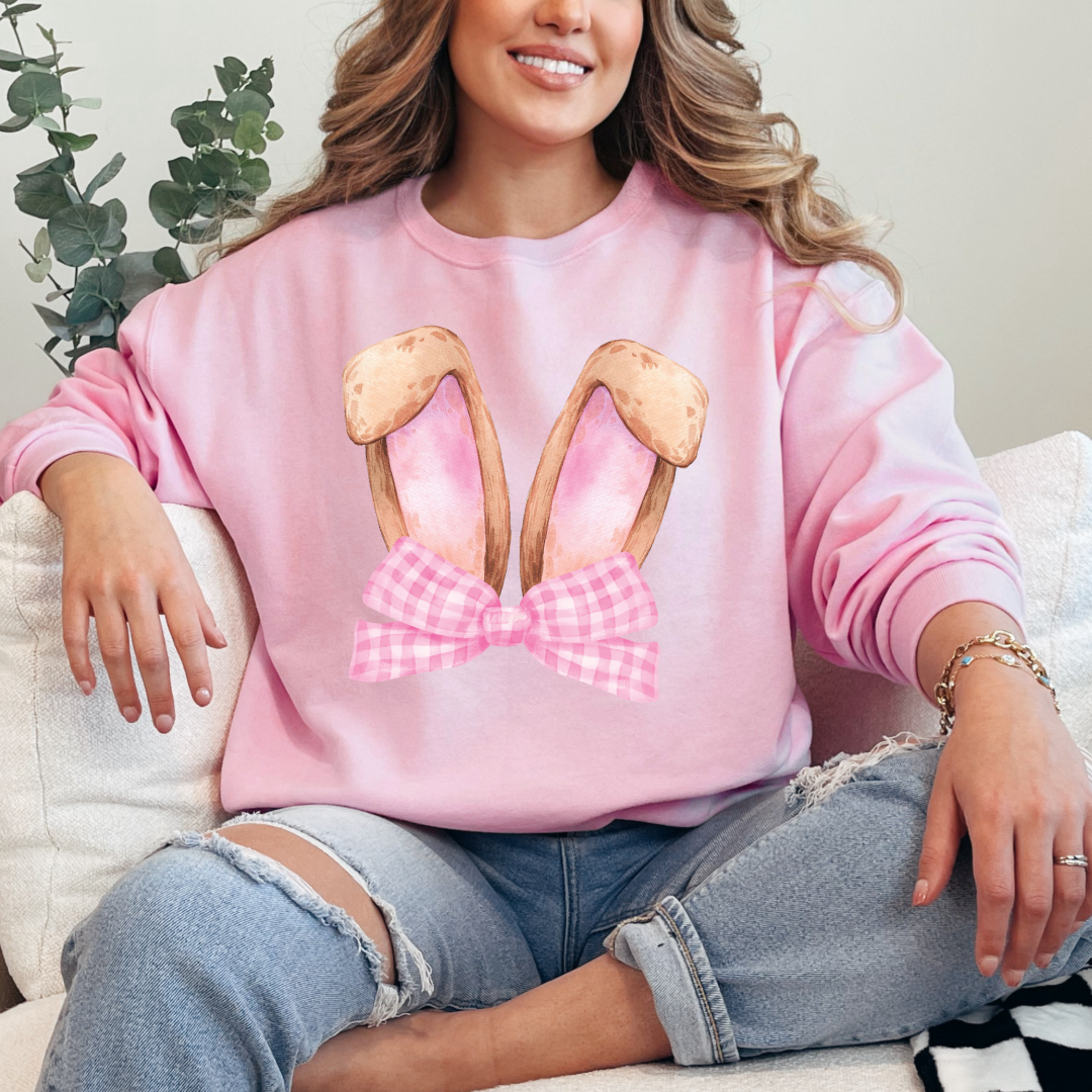 Customized bunny ears silhouette with pink gingham bow watercolor adult light pink crewneck matching youth available