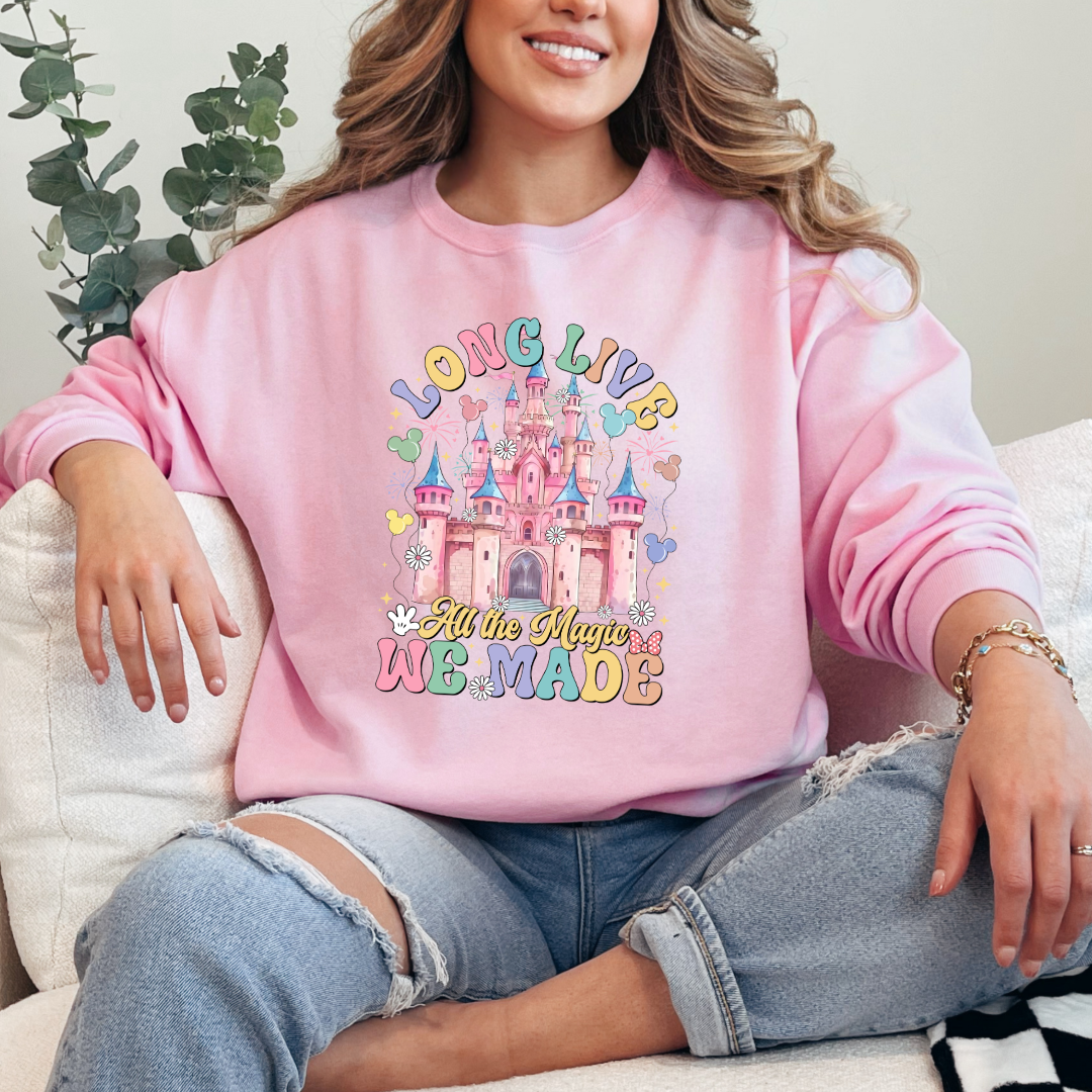Customized Adult light pink crewneck with long live multi color long live bubble letters large castle in the middle with Mickey Mouse shaped balloons and flowers surrounding. Matching t-shirts and hoodies available in youth and adult sizes