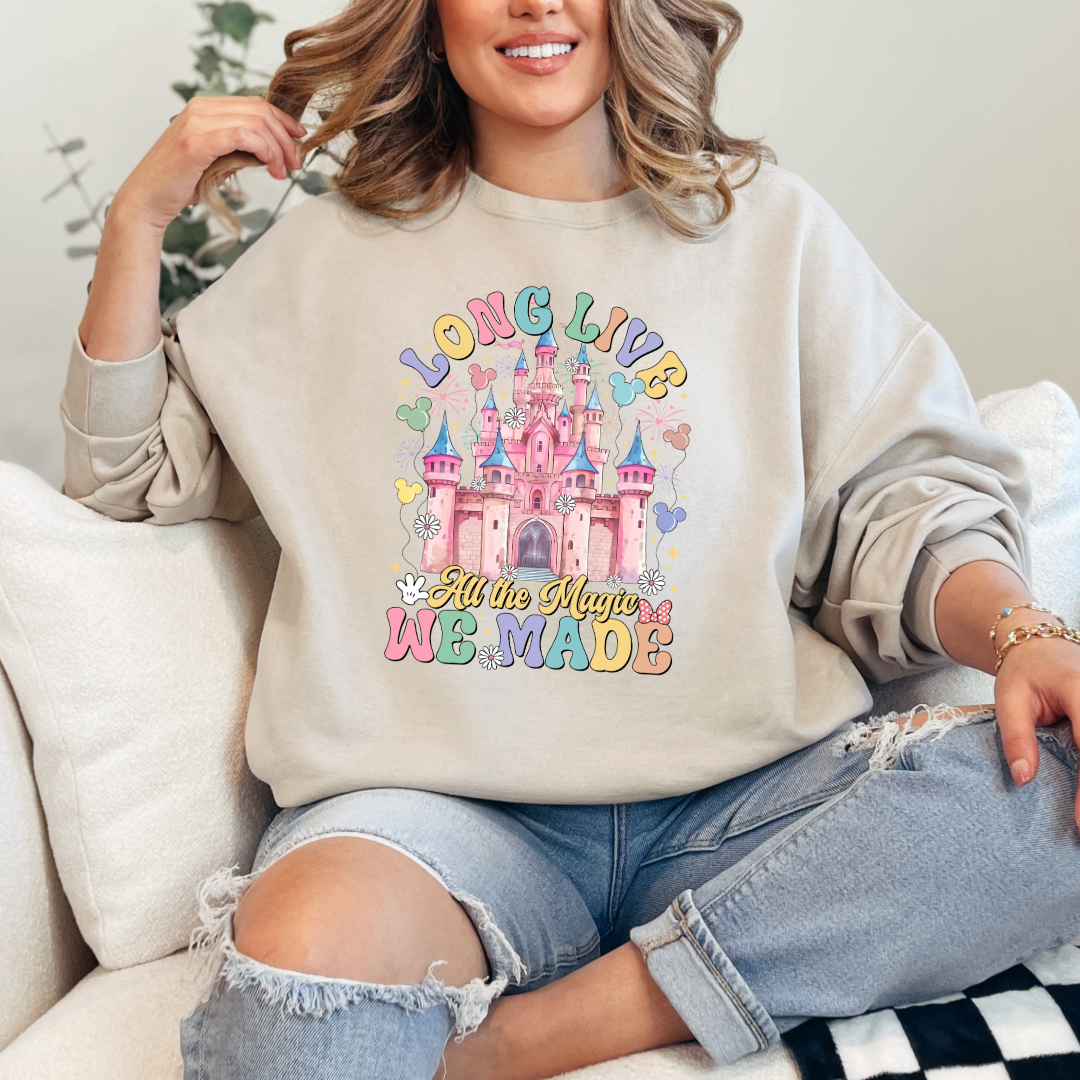 Customized Adult Beige crewneck with long live multi color long live bubble letters large castle in the middle with Mickey Mouse shaped balloons and flowers surrounding. Matching t-shirts and hoodies available in youth and adult sizes