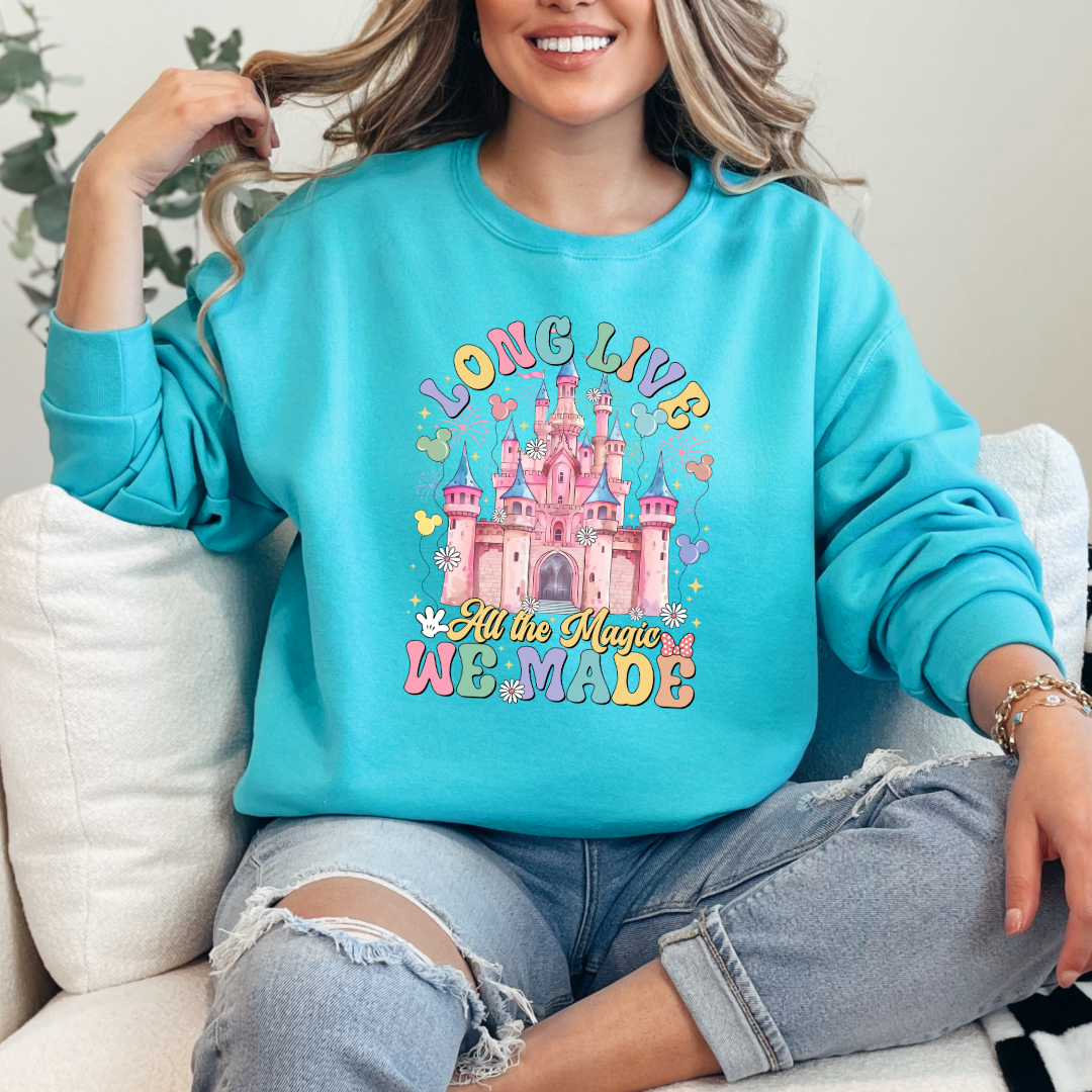 Customized Adult Scuba blue crewneck with long live multi color long live bubble letters large castle in the middle with Mickey Mouse shaped balloons and flowers surrounding. Matching t-shirts and hoodies available in youth and adult sizes