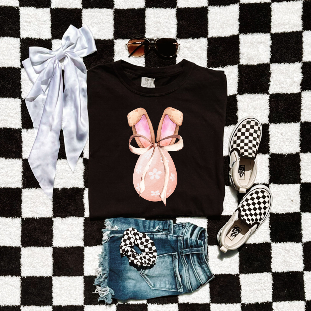 Customized youth comfort colors black watercolor peach egg with white flowers, bunny ears and espresso brown floppy skinny bow matching crewneck and hoodies available In adult and youth sizes