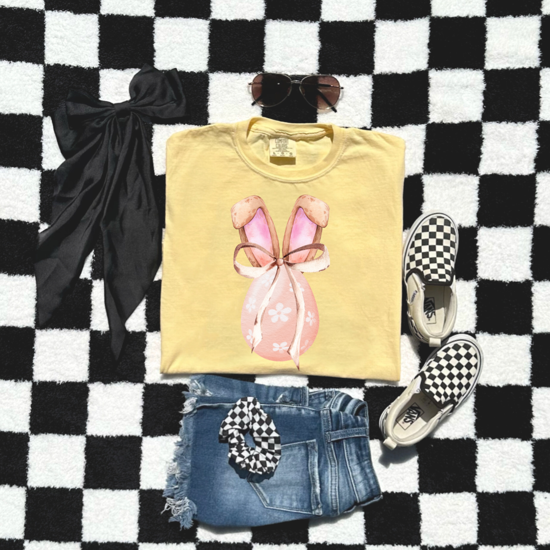 Customized youth comfort colors butter yellow watercolor peach egg with white flowers, bunny ears and espresso brown floppy skinny bow matching crewneck and hoodies available In adult and youth sizes