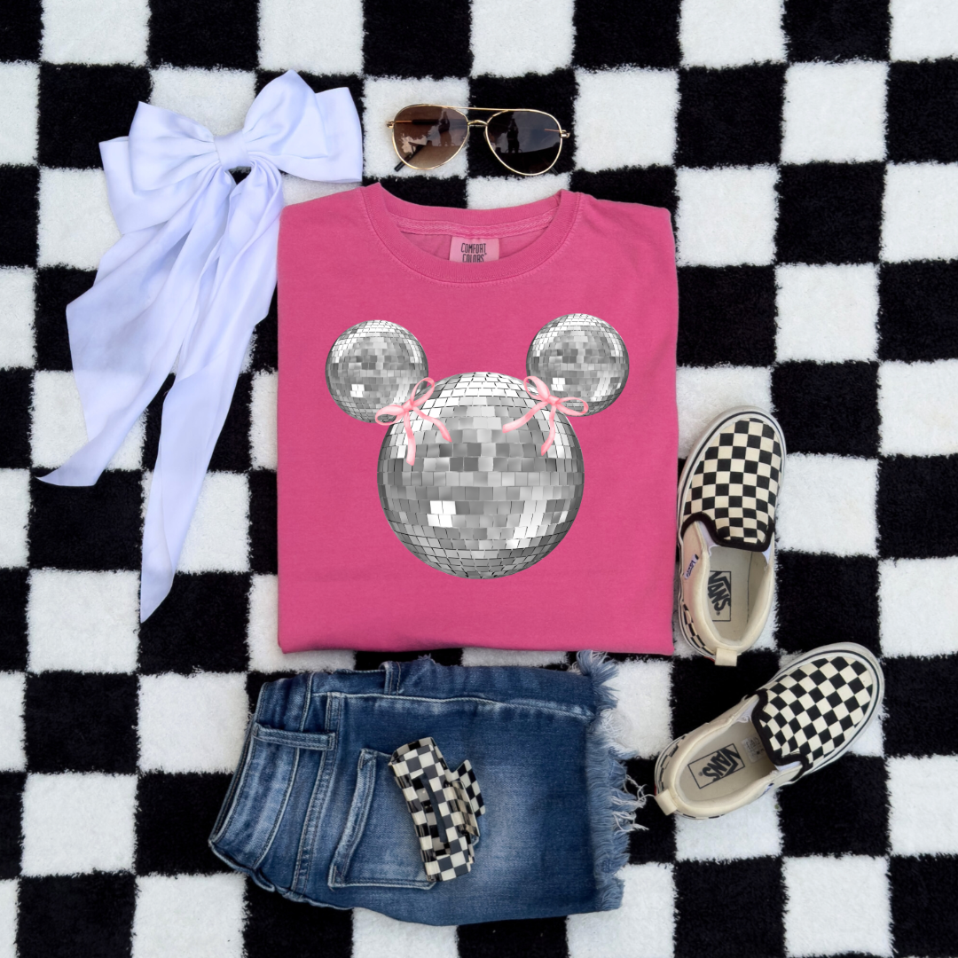 Customized Youth Comfort Colors Crunchberry Pink Graphic Tee Disco Mickey head with pink bows on ears. Matching hoodies and crewnecks in Youth and adult sizes.