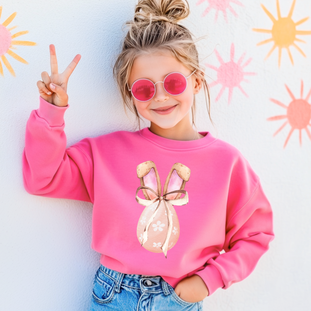 Customized youth hot pink crewneck watercolor peach egg with white flowers, bunny ears with floppy skinny bow matching tees and hoodies available In adult and youth sizes