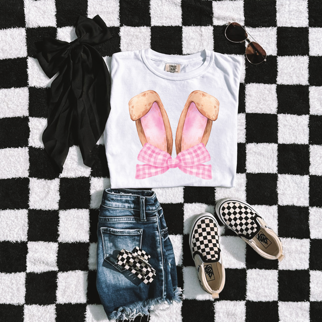 Customized bunny ears silhouette with pink gingham bow watercolor youth white comfort colors graphic tee matching adult available