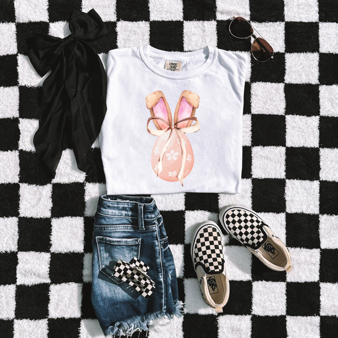 Customized youth comfort colors white watercolor peach egg with white flowers, bunny ears and espresso brown floppy skinny bow matching crewneck and hoodies available In adult and youth sizes