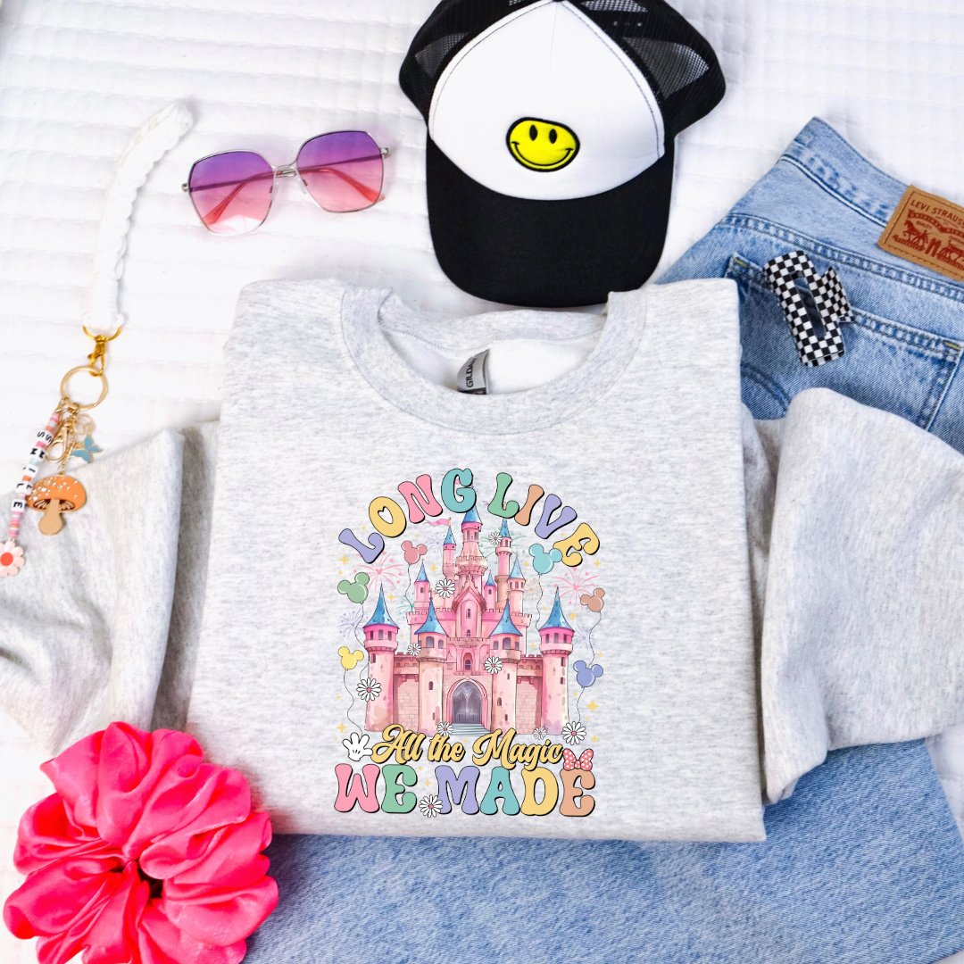 Customized youth Grey crewneck with long live multi color long live bubble letters large castle in the middle with Mickey Mouse shaped balloons and flowers surrounding. Matching t-shirts and hoodies available in youth and adult sizes