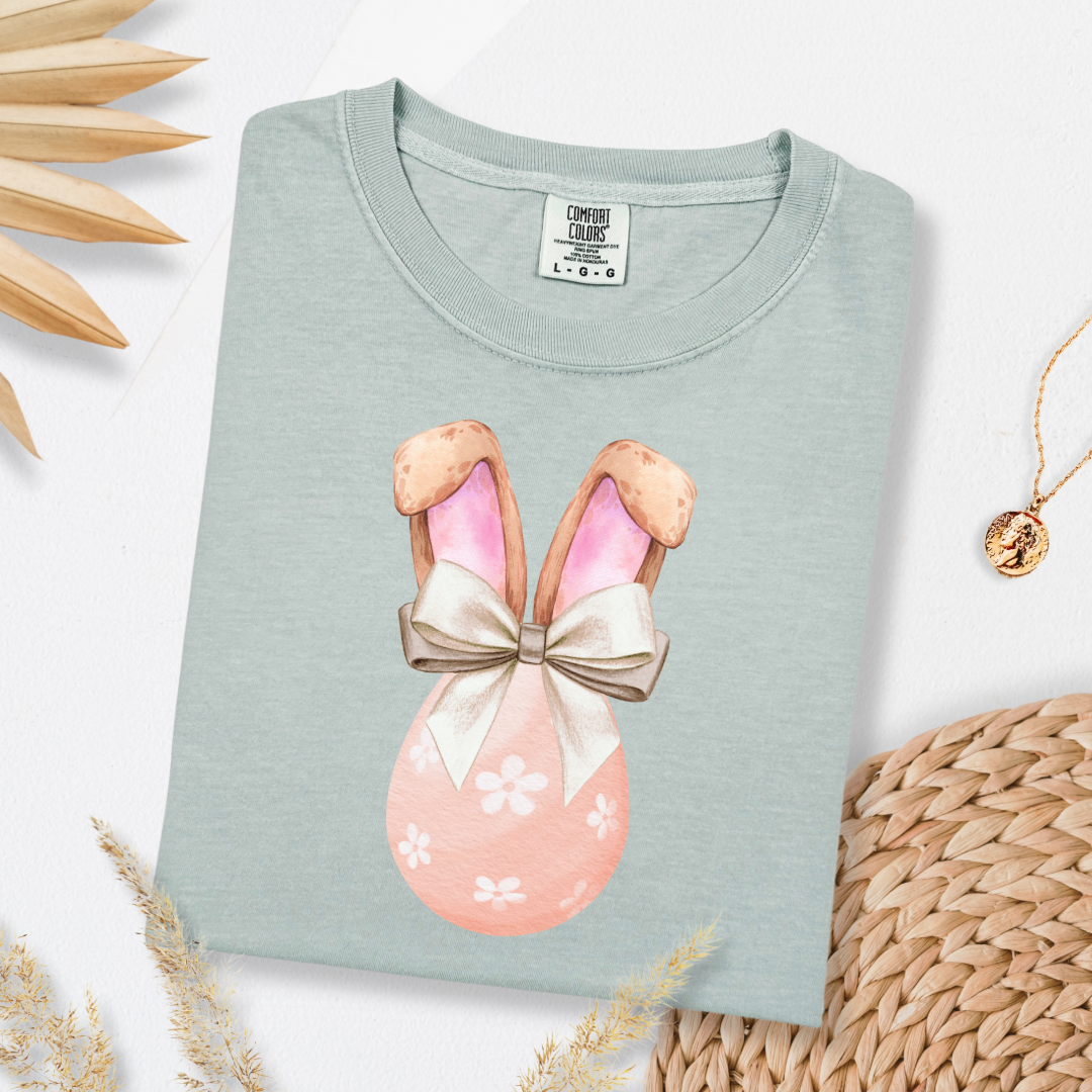 Customized adult comfort colors bay green watercolor peach egg with white flowers and champagne wired bow bow and bunny ears matching crewneck and hoodies available in adult and youth sizes