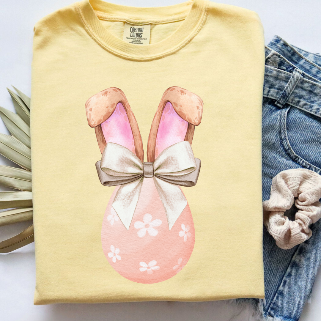 Customized adult comfort colors butter yellow watercolor peach egg with white flowers and champagne wired bow bow and bunny ears matching crewneck and hoodies available in adult and youth sizes