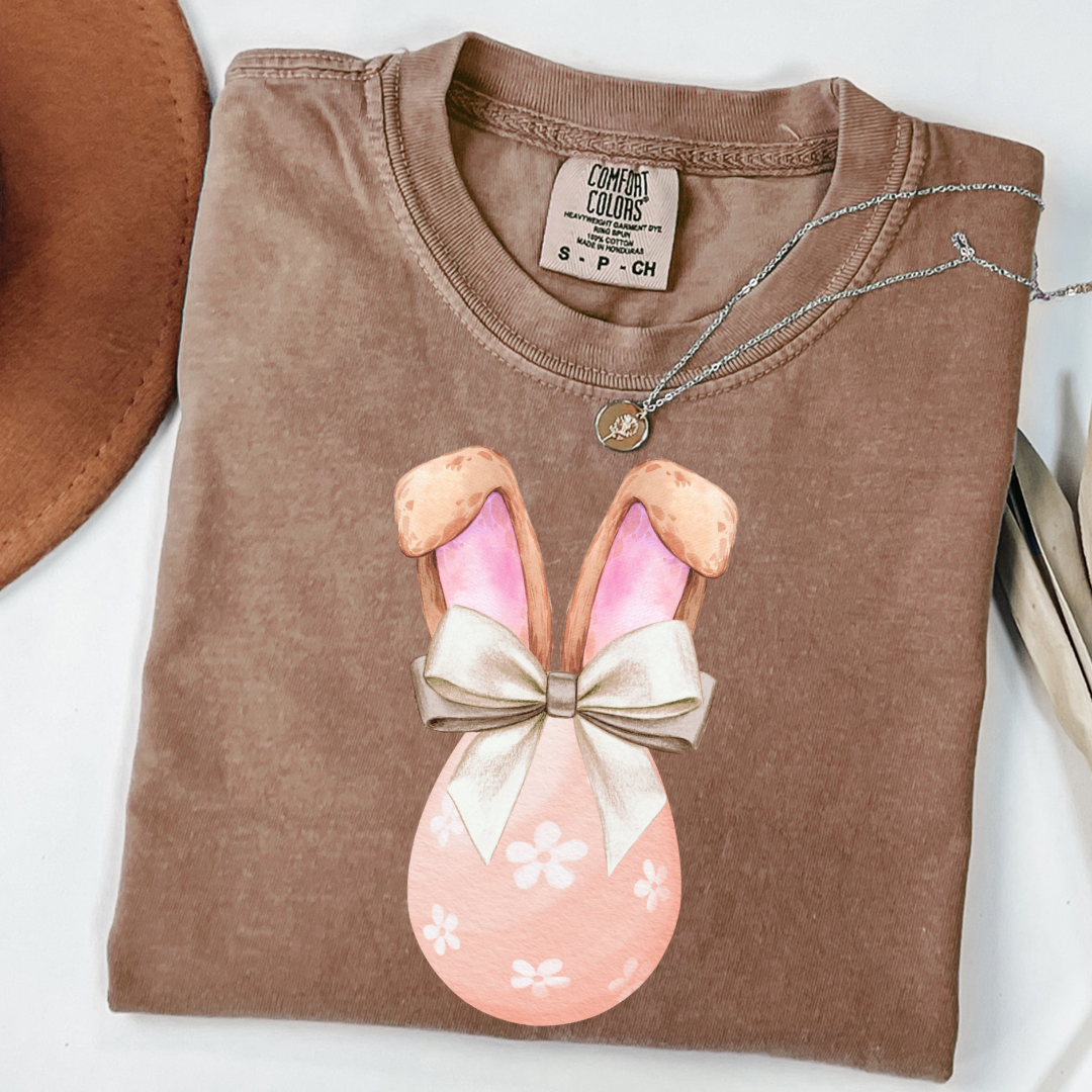 Customized adult comfort colors espresso brown watercolor peach egg with white flowers and champagne wired bow bow and bunny ears matching crewneck and hoodies available in adult and youth sizes