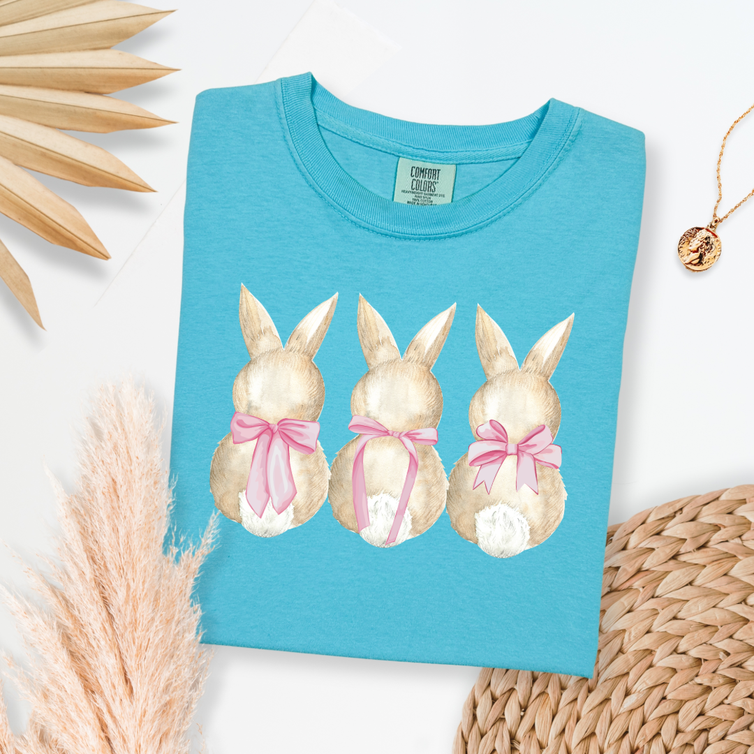 Customized faceless bunny x 3 with bows watercolor adult comfort colors lagoon blue graphic tee matching youth available