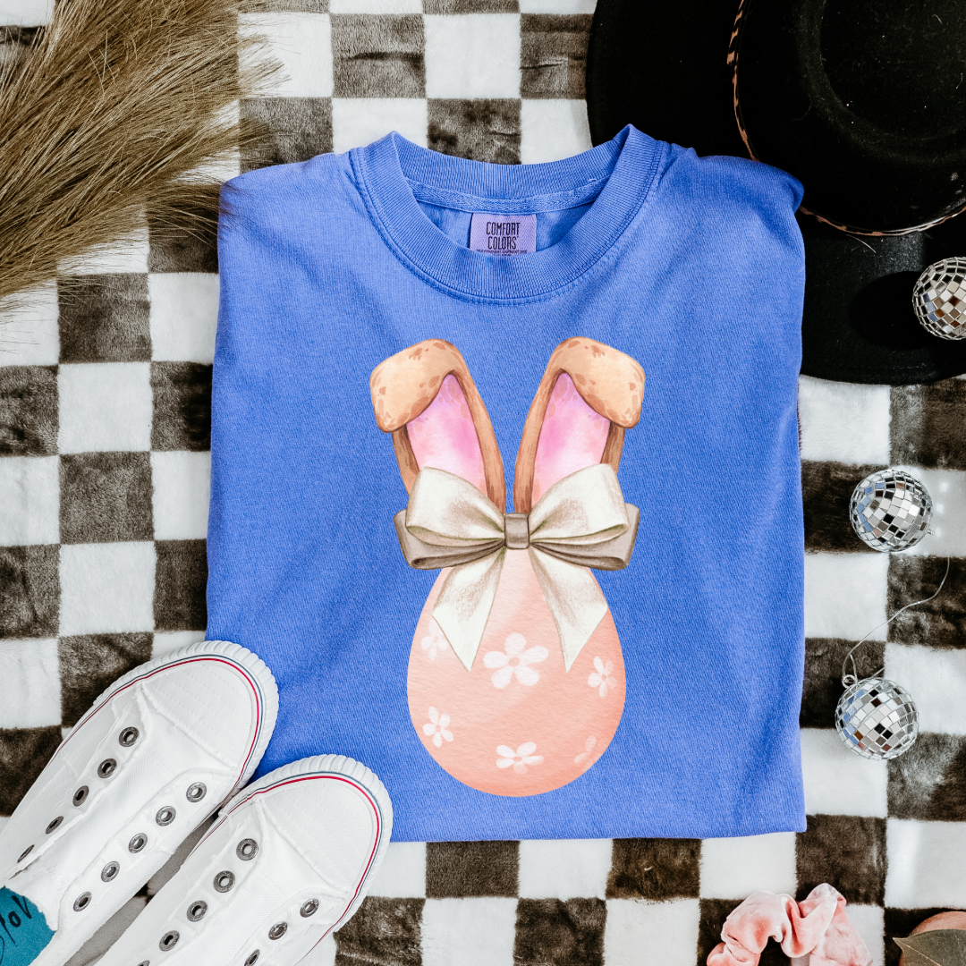 Customized adult/youth comfort colors flo blue watercolor peach egg with white flowers and champagne wired bow bow and bunny ears matching crewneck and hoodies available in adult and youth sizes
