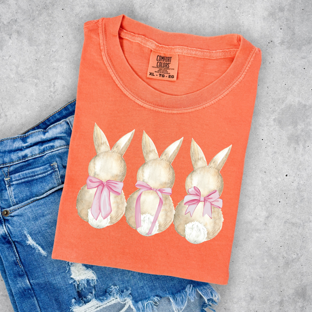 Customized faceless bunny x 3 with bows watercolor adult/youth comfort colors melon graphic tee matching youth available