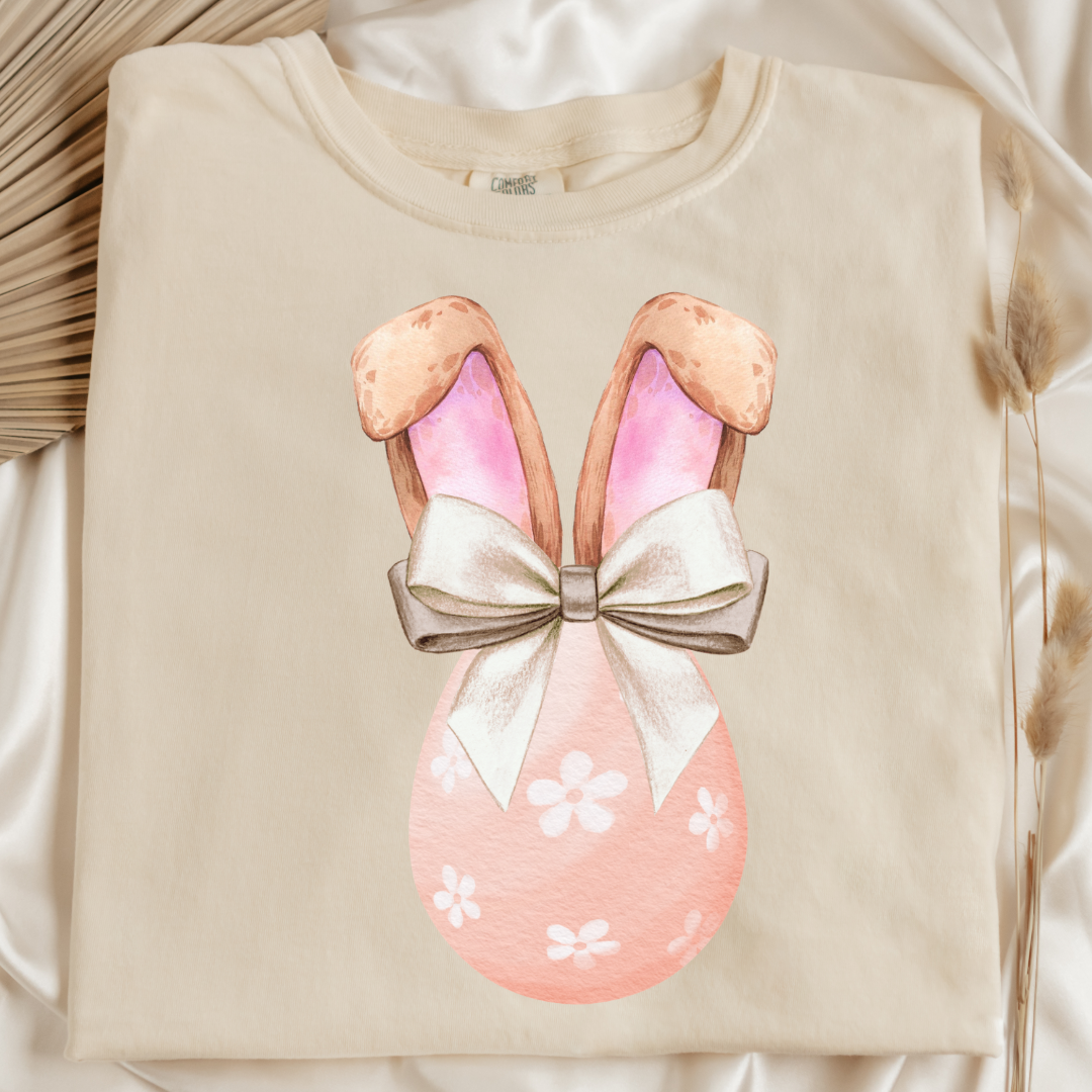 Customized adult comfort colors ivory flat lay watercolor peach egg with white flowers and champagne wired bow bow and bunny ears matching crewneck and hoodies available in adult and youth sizes