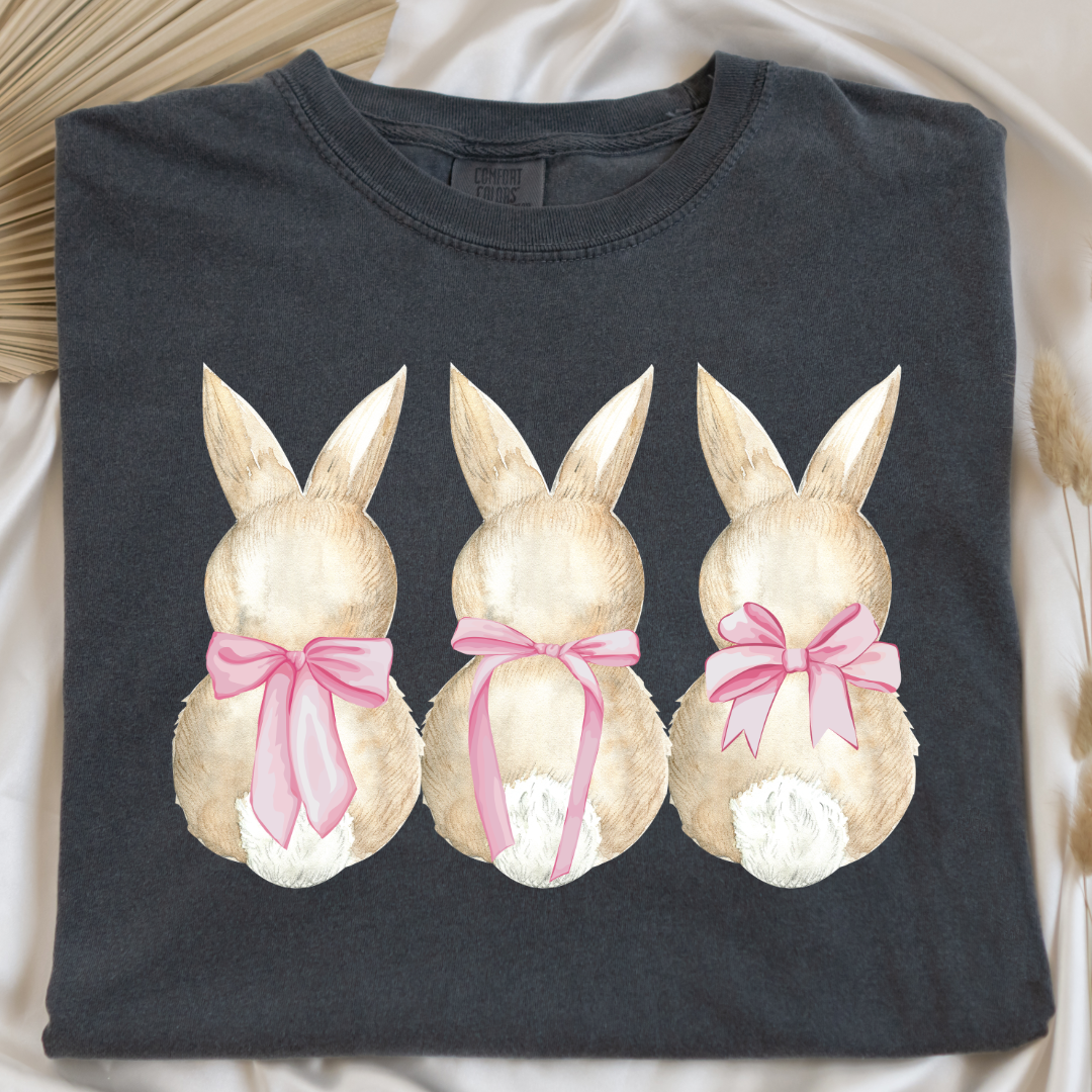 Customized faceless bunny x 3 with bows watercolor adult comfort colors pepper vintage black graphic tee matching youth available