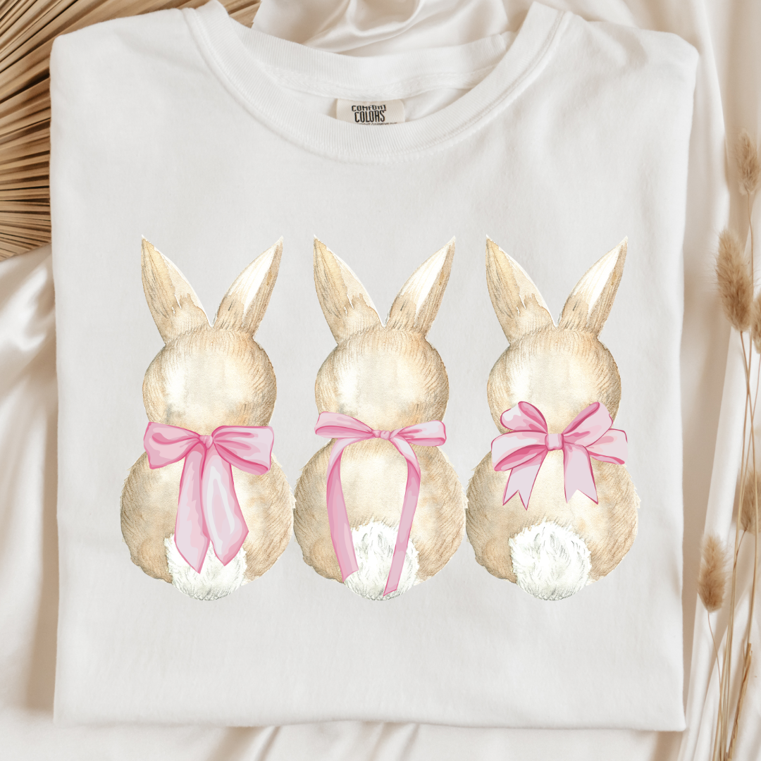 Customized faceless bunny x 3 with bows watercolor adult comfort colors white graphic tee matching youth available