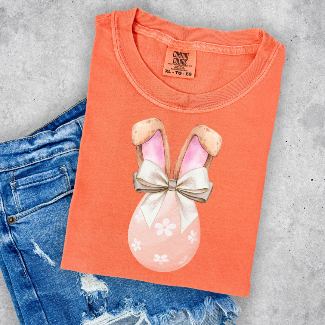 Customized adult/youth comfort colors melon orange watercolor peach egg with white flowers and champagne wired bow bow and bunny ears matching crewneck and hoodies available in adult and youth sizes