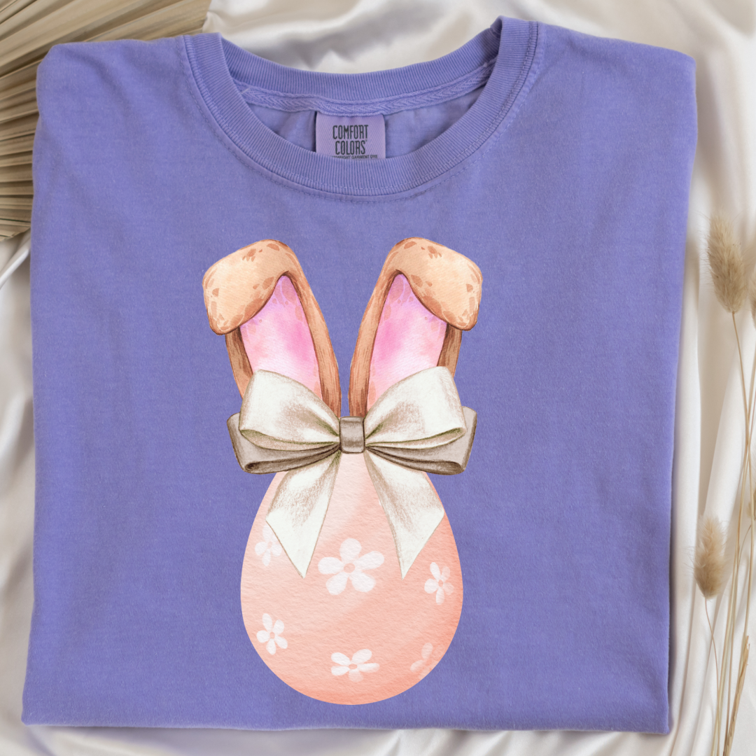 Customized adult comfort colors violet watercolor peach egg with white flowers and champagne wired bow bow and bunny ears matching crewneck and hoodies available in adult and youth sizes
