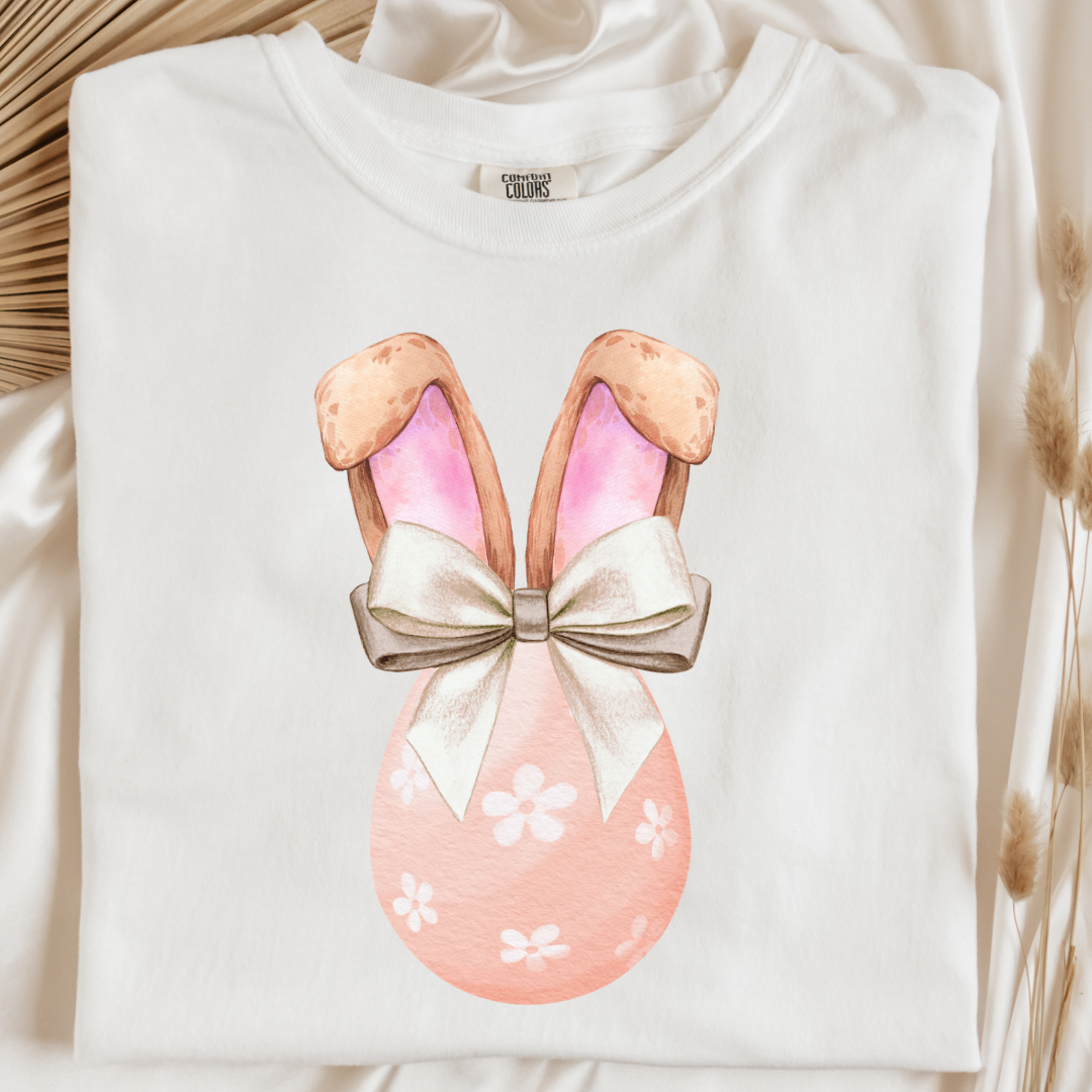 Customized adult comfort colors white watercolor peach egg with white flowers and champagne wired bow bow and bunny ears matching crewneck and hoodies available in adult and youth sizes