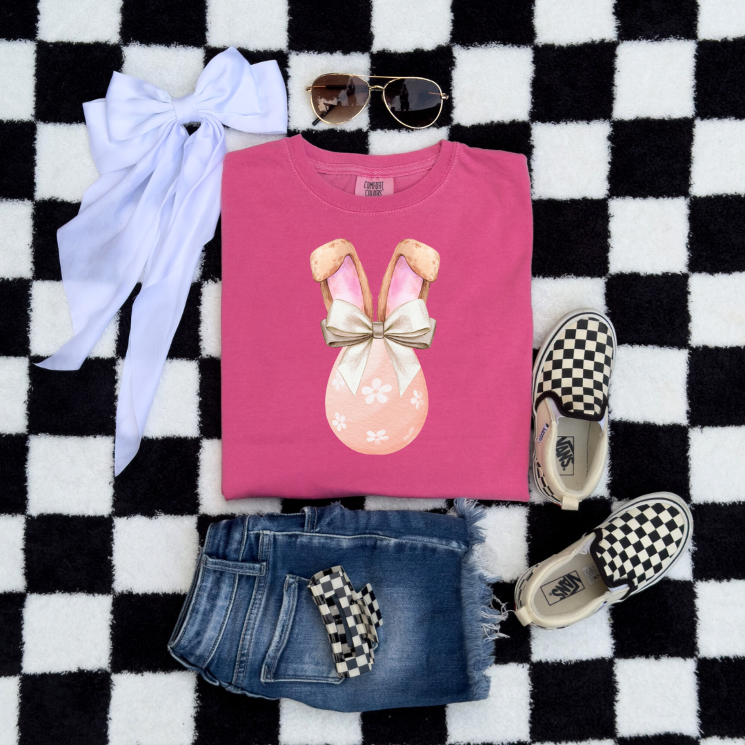 Customized youth comfort colors crunchberry pink watercolor peach egg with white flowers and champagne wired bow bow and bunny ears matching crewneck and hoodies available in adult and youth sizes