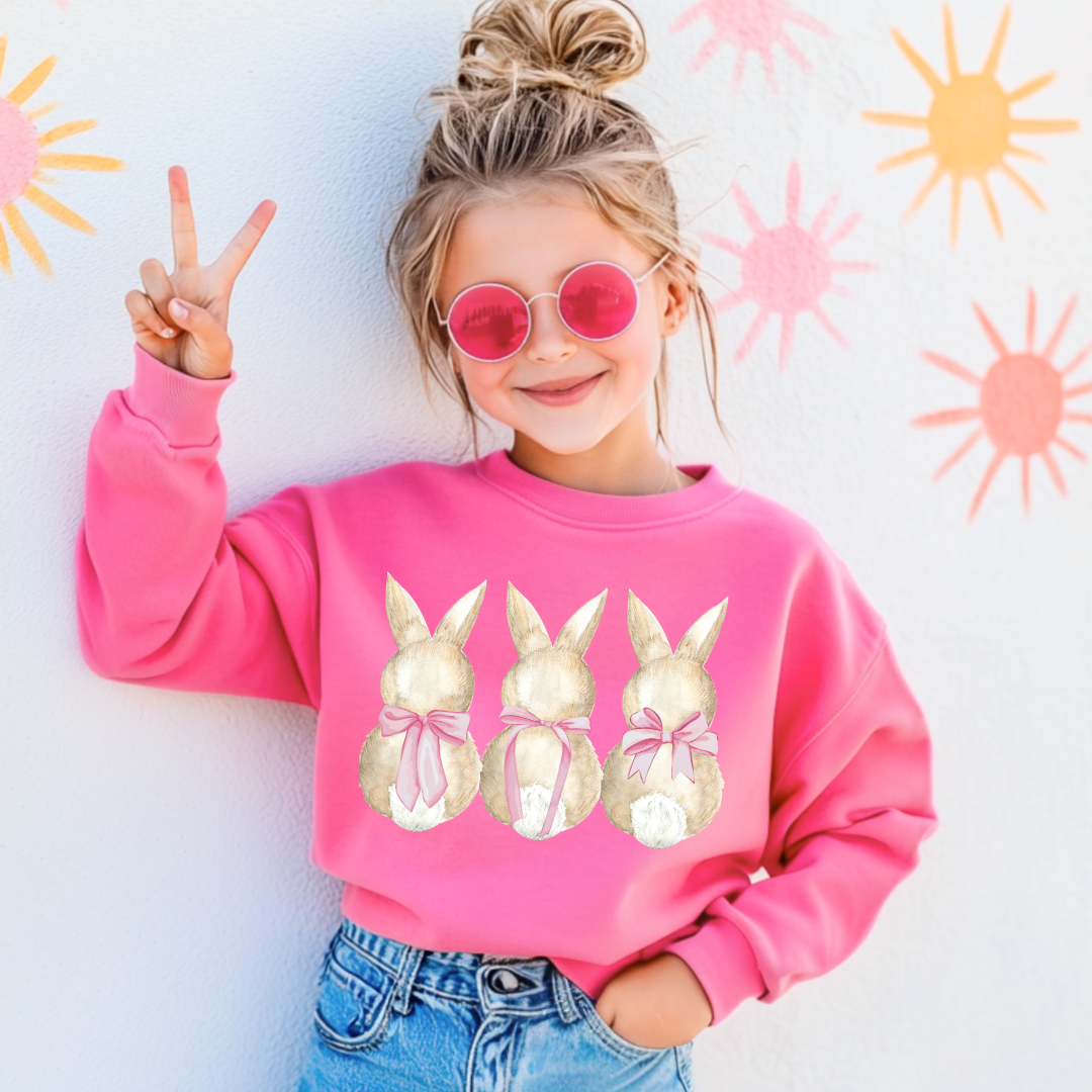 Customized faceless bunny x 3 with bows watercolor youth hot pink crewneck matching adult available