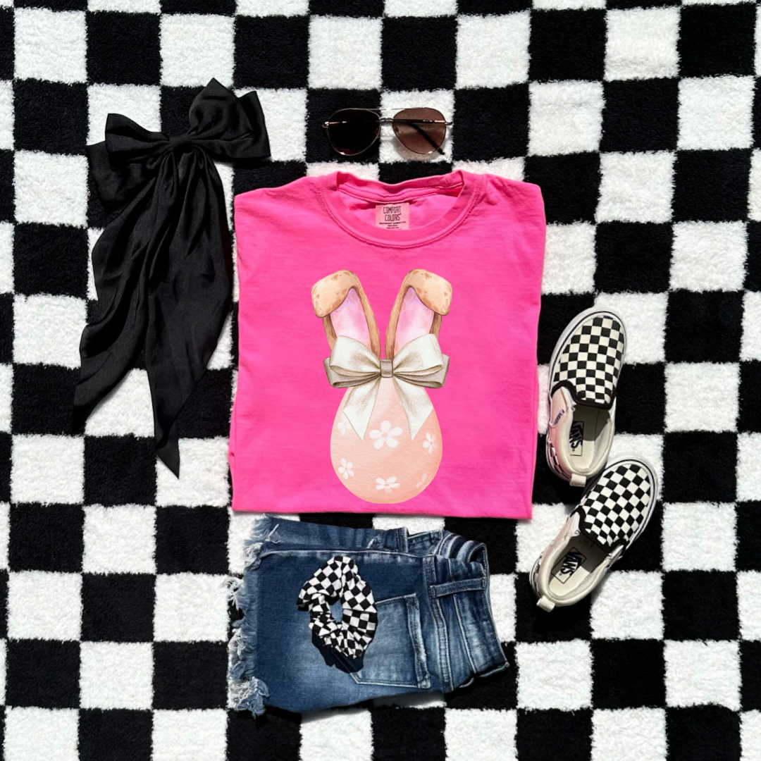Customized youth comfort colors neon pink watercolor peach egg with white flowers and champagne wired bow bow and bunny ears matching crewneck and hoodies available in adult and youth sizes