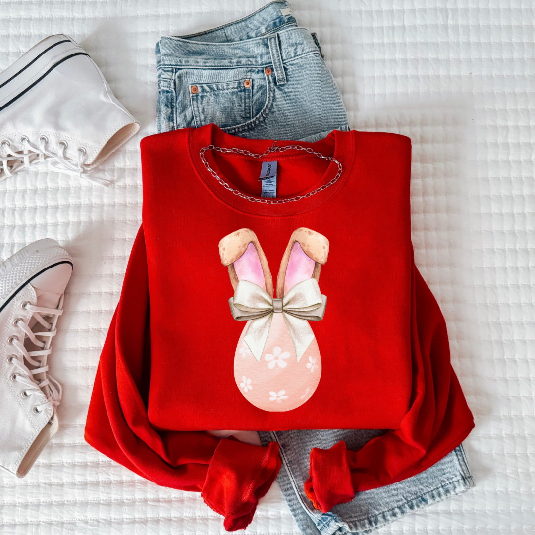 Peach Egg With Bunny Ears & Wired Bow Youth Crewneck