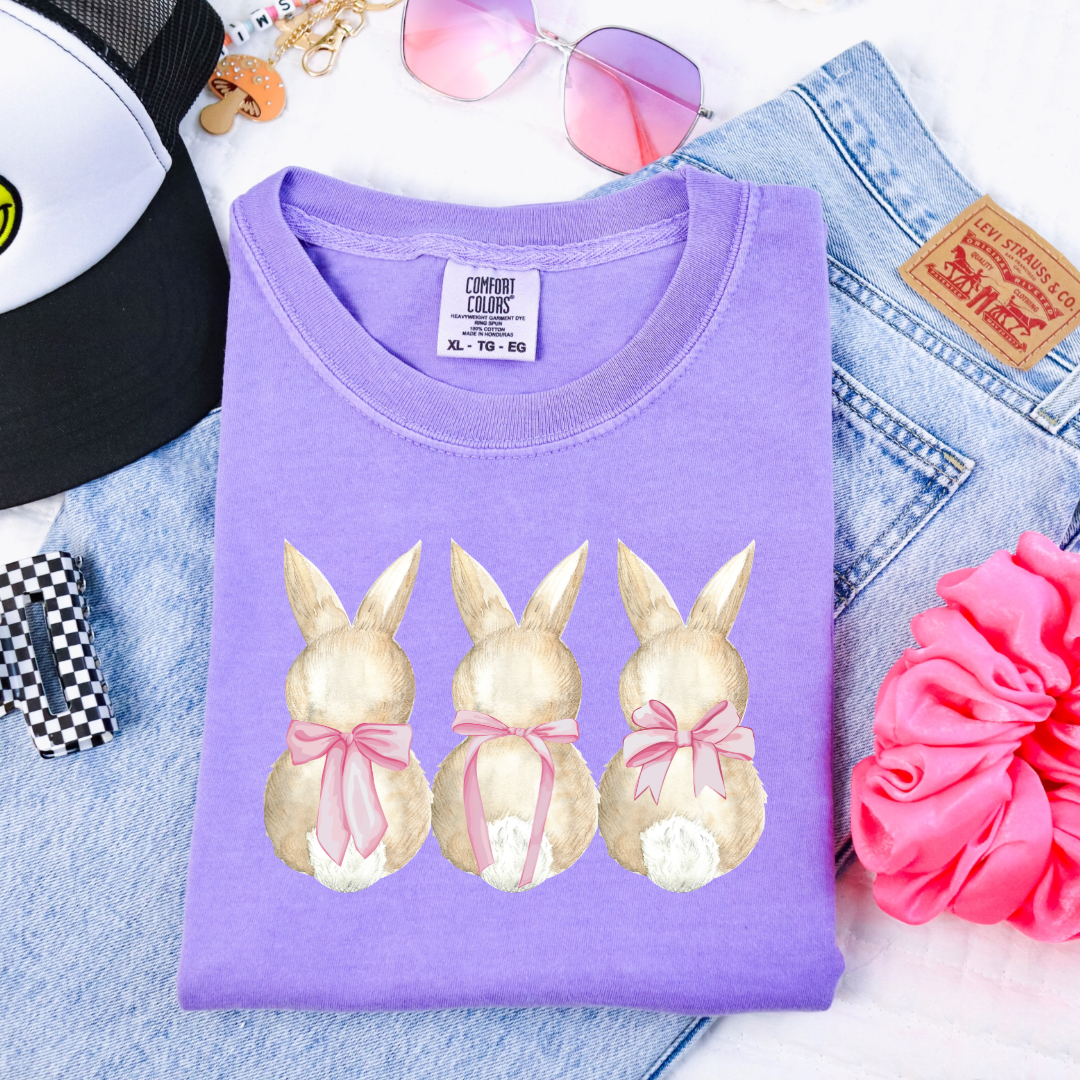 Customized faceless bunny x 3 with bows watercolor youth comfort colors violet graphic tee matching adult available