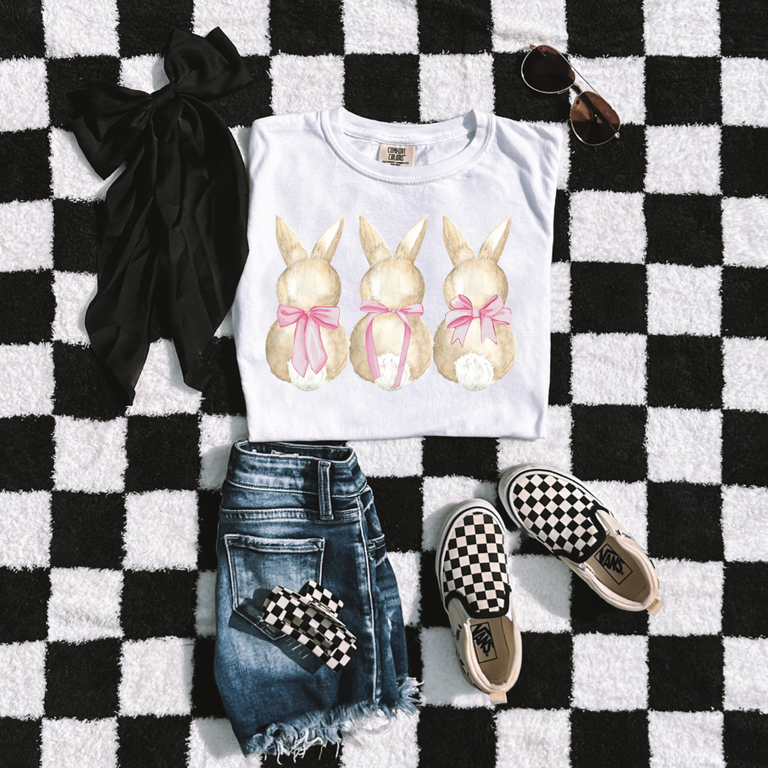 Customized faceless bunny x 3 with bows watercolor youth comfort colors white graphic tee matching adult available