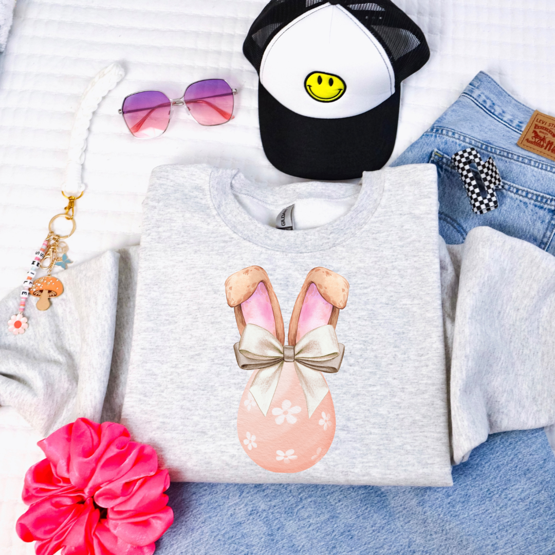 Peach Egg With Bunny Ears & Wired Bow Youth Crewneck
