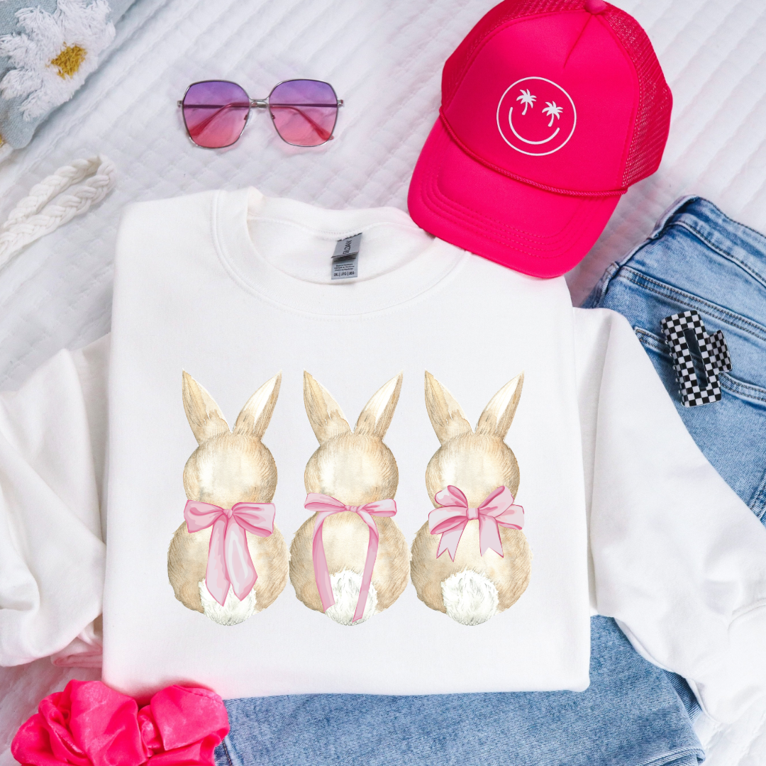 Customized faceless bunny x 3 with bows watercolor youth white crewneck matching adult available