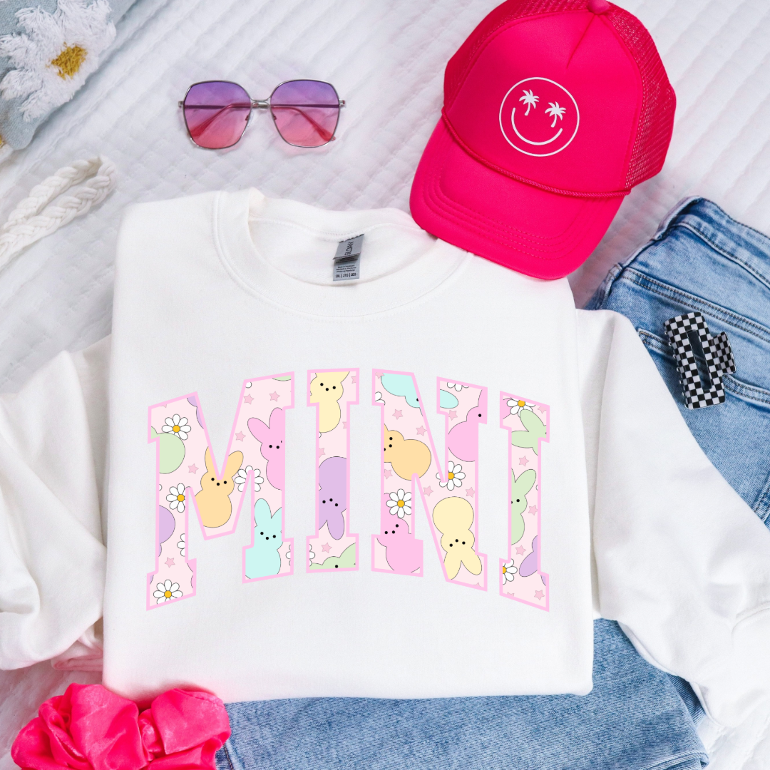 Customized youth mini of a mama and mini matching set varsity lettering with Pastel peeps on the inside of the lettering matching youth tees available white crewneck