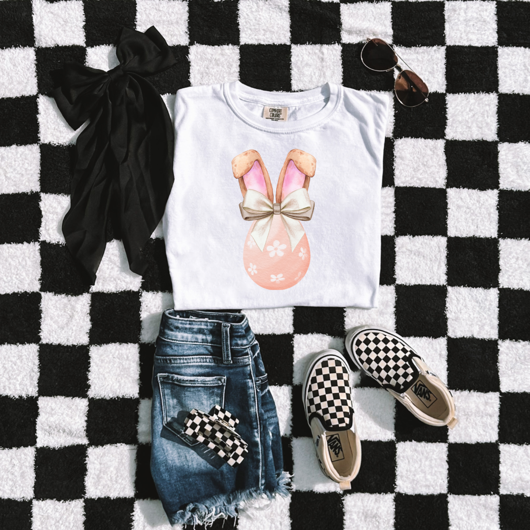 Customized youth comfort colors white watercolor peach egg with white flowers and champagne wired bow bow and bunny ears matching crewneck and hoodies available in adult and youth sizes