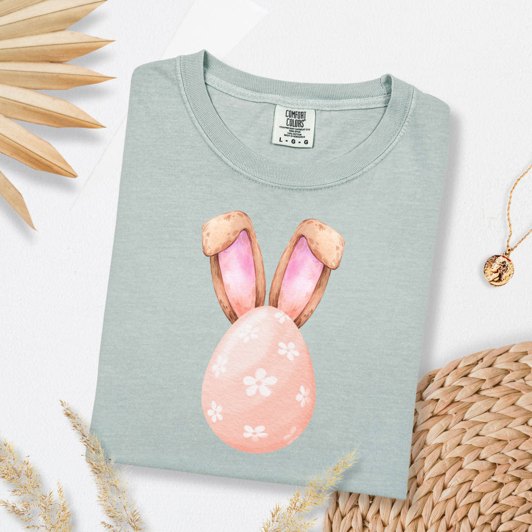 Customized adult comfort colors bay green watercolor peach egg with white flowers and bunny ears matching crewneck and hoodies available I’m adult and youth sizes