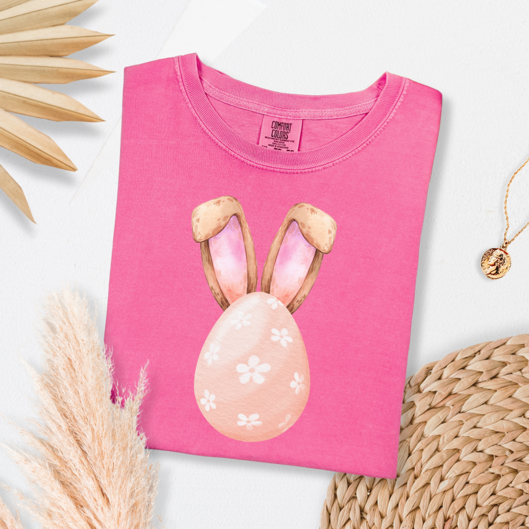 Customized adult comfort colors Crunchberry pink watercolor peach egg with white flowers and bunny ears matching crewneck and hoodies available I’m adult and youth sizes
