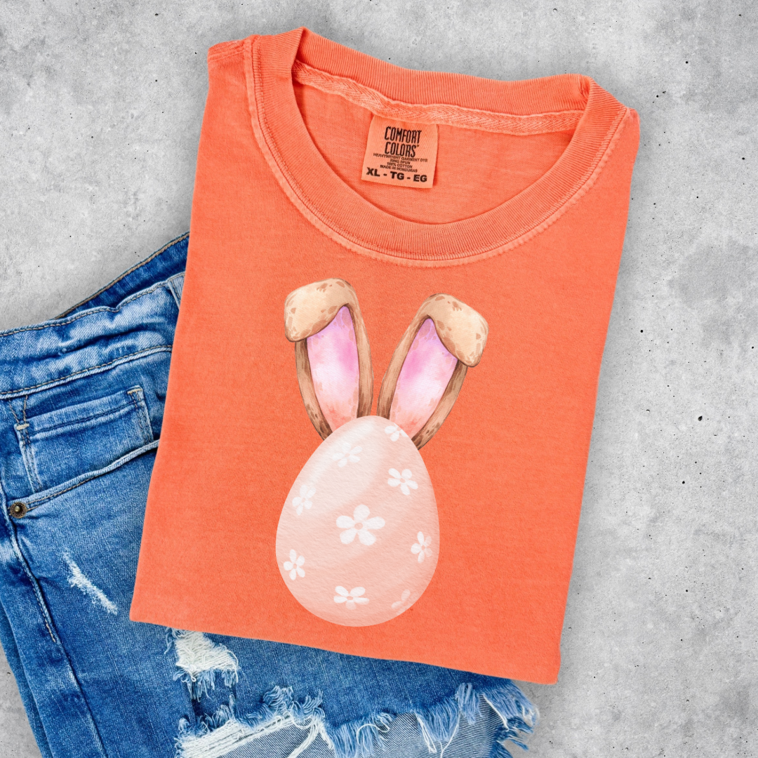 Customized adult/youth comfort colors melon orange watercolor peach egg with white flowers and bunny ears matching crewneck and hoodies available In adult and youth sizes