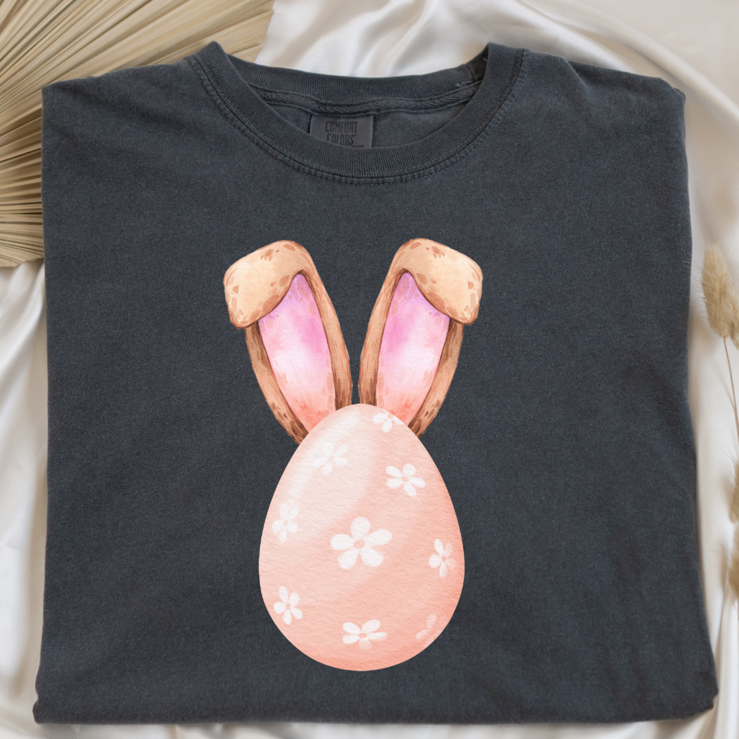 Customized adult comfort colors pepper vintage black watercolor peach egg with white flowers and bunny ears matching crewneck and hoodies available I’m adult and youth sizes