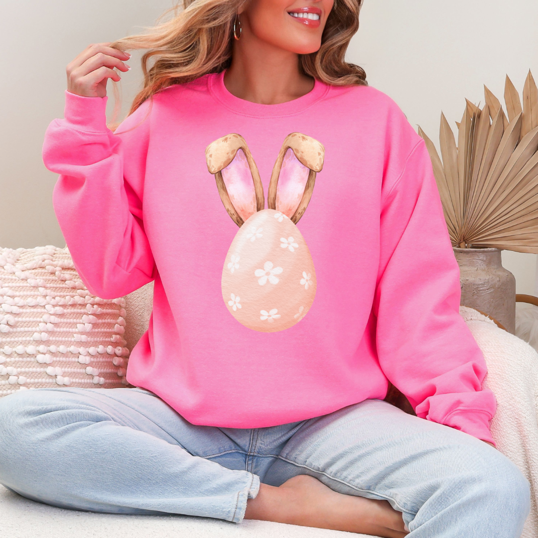 Customized adult hot pink crewneck watercolor peach egg with white flowers and bunny ears matching tees and hoodies available In adult and youth sizes