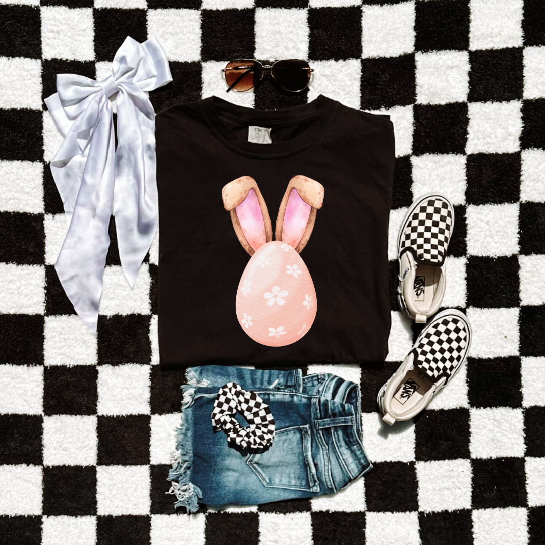 Customized adult comfort colors black watercolor peach egg with white flowers and bunny ears matching crewneck and hoodies available In adult and youth sizes