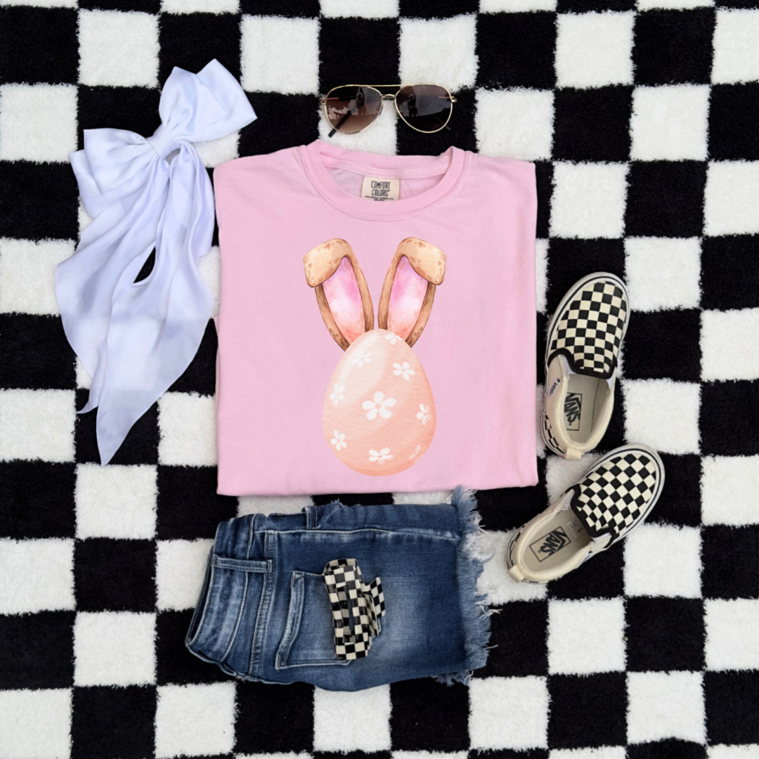 Customized adult comfort colors blossom pink flat lay watercolor peach egg with white flowers and bunny ears matching crewneck and hoodies available adult and youth sizes