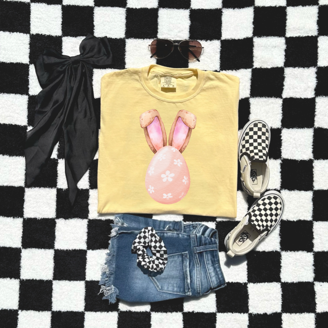 Customized adult comfort colors butter yellow watercolor peach egg with white flowers and bunny ears matching crewneck and hoodies available In adult and youth sizes