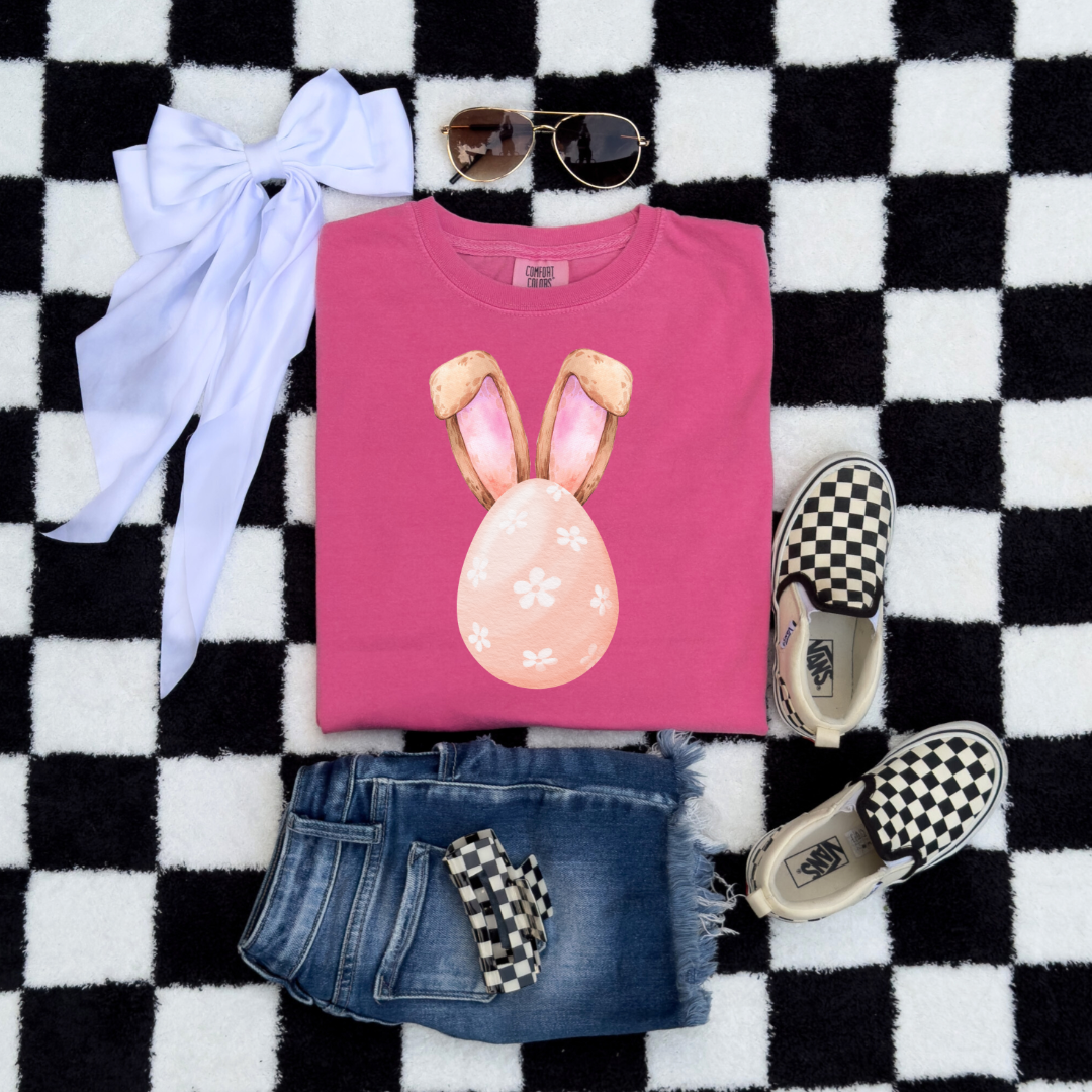 Customized adult comfort colors Crunchberry pink watercolor peach egg with white flowers and bunny ears matching crewneck and hoodies available In adult and youth sizes