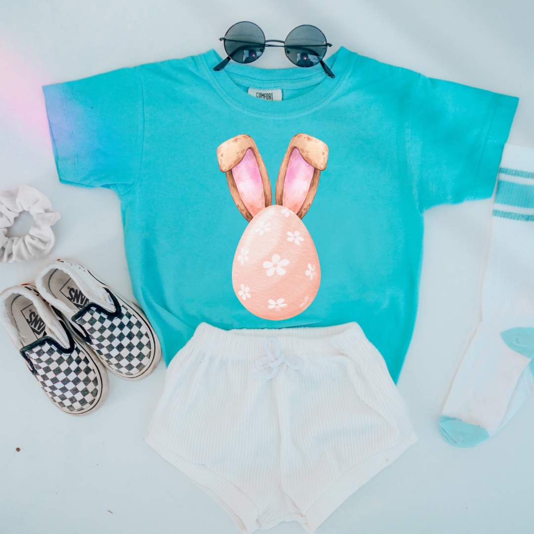 Customized adult comfort colors lagoon blue watercolor peach egg with white flowers and bunny ears matching crewneck and hoodies available In adult and youth sizes
