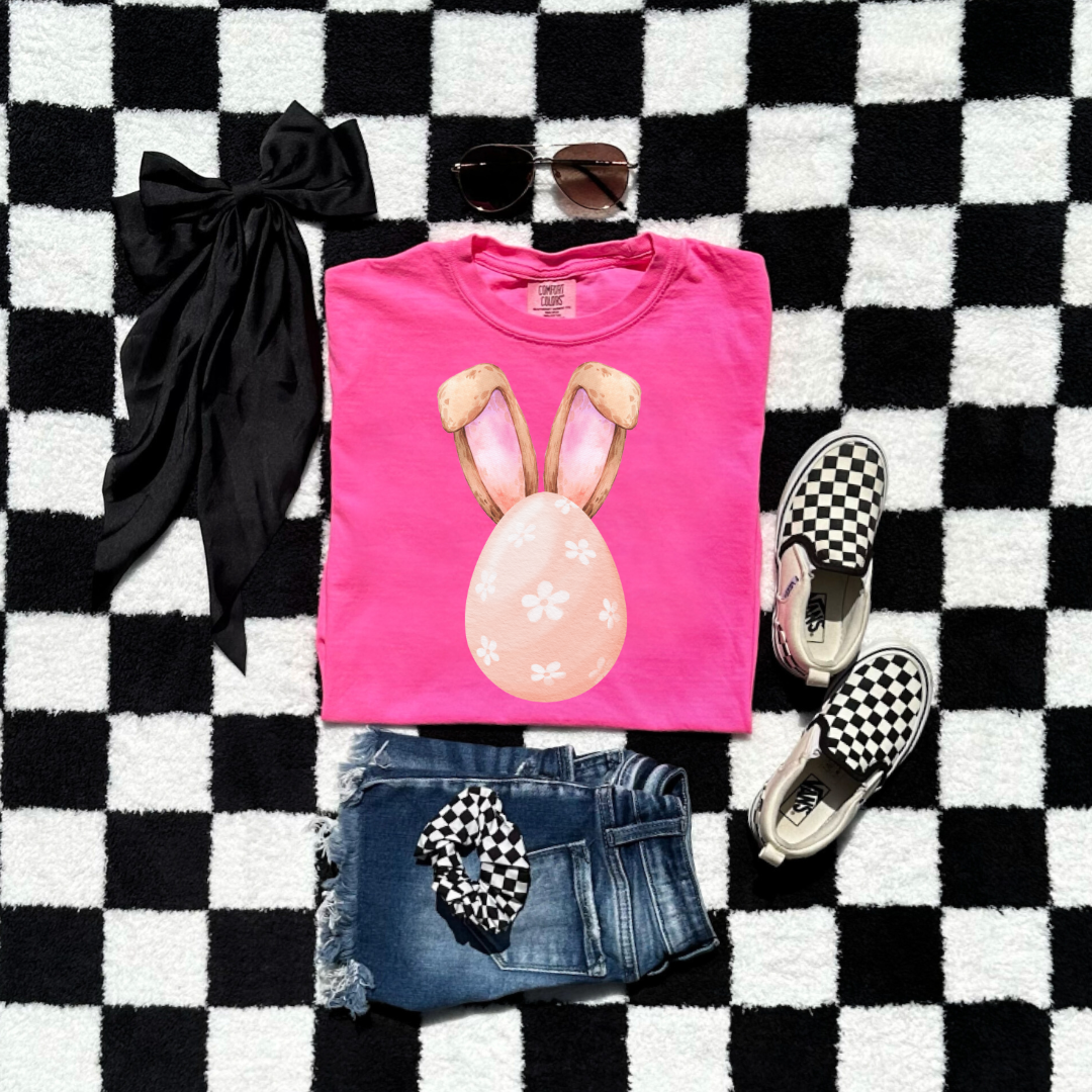 Customized adult comfort colors Neon pink watercolor peach egg with white flowers and bunny ears matching crewneck and hoodies available In adult and youth sizes
