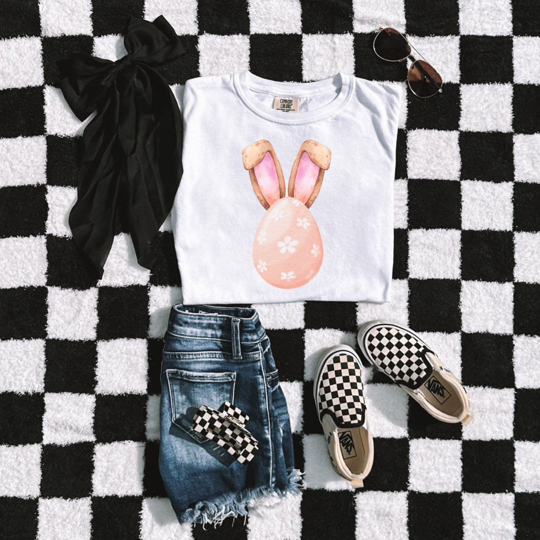 Customized adult comfort colors white watercolor peach egg with white flowers and bunny ears matching crewneck and hoodies available Im adult and youth sizes