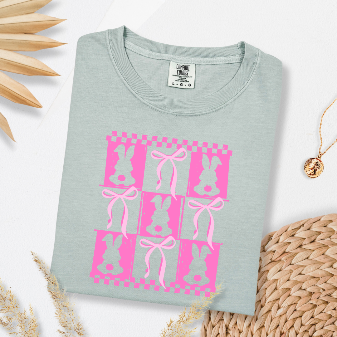 Customized pink bunny silhouette 3x3 with checkerboard and bows comfort colors bay green adult graphic tee matching youth available