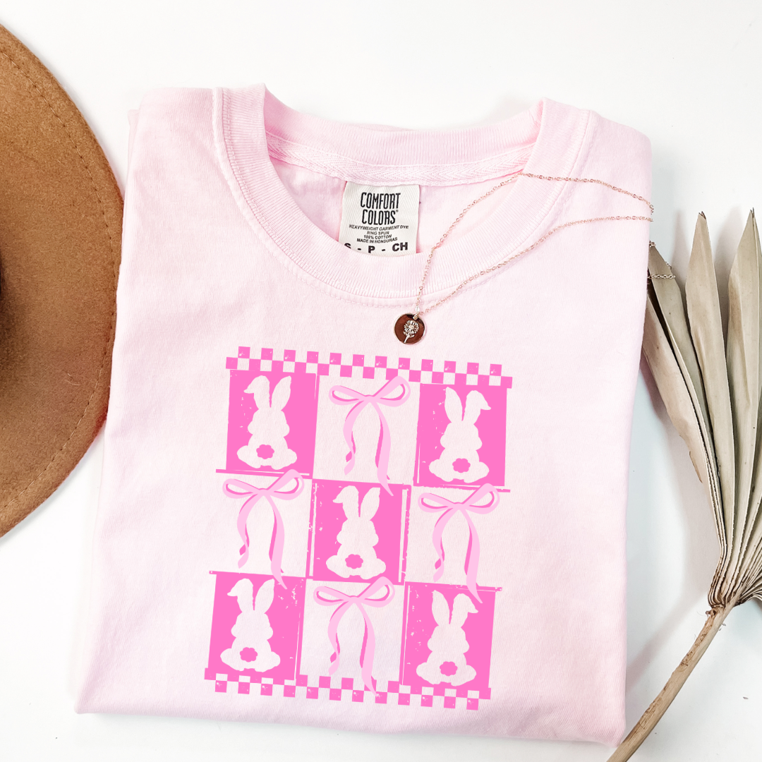 Customized pink bunny silhouette 3x3 with checkerboard and bows comfort colors Blossom Pink adult graphic tee matching youth available